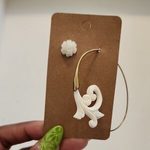 White Floral Gold-Accent Hoop Earrings